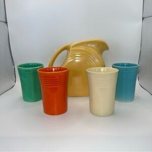 Fiesta Homer Laughlin 6” Juice Pitcher w/Tumblers 3 3/4” Set Made In USA